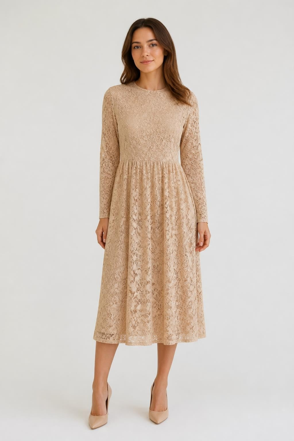 Robe midi à manches longues en dentelle rose poudré | Seconde main | Pourquoi faire moins ?