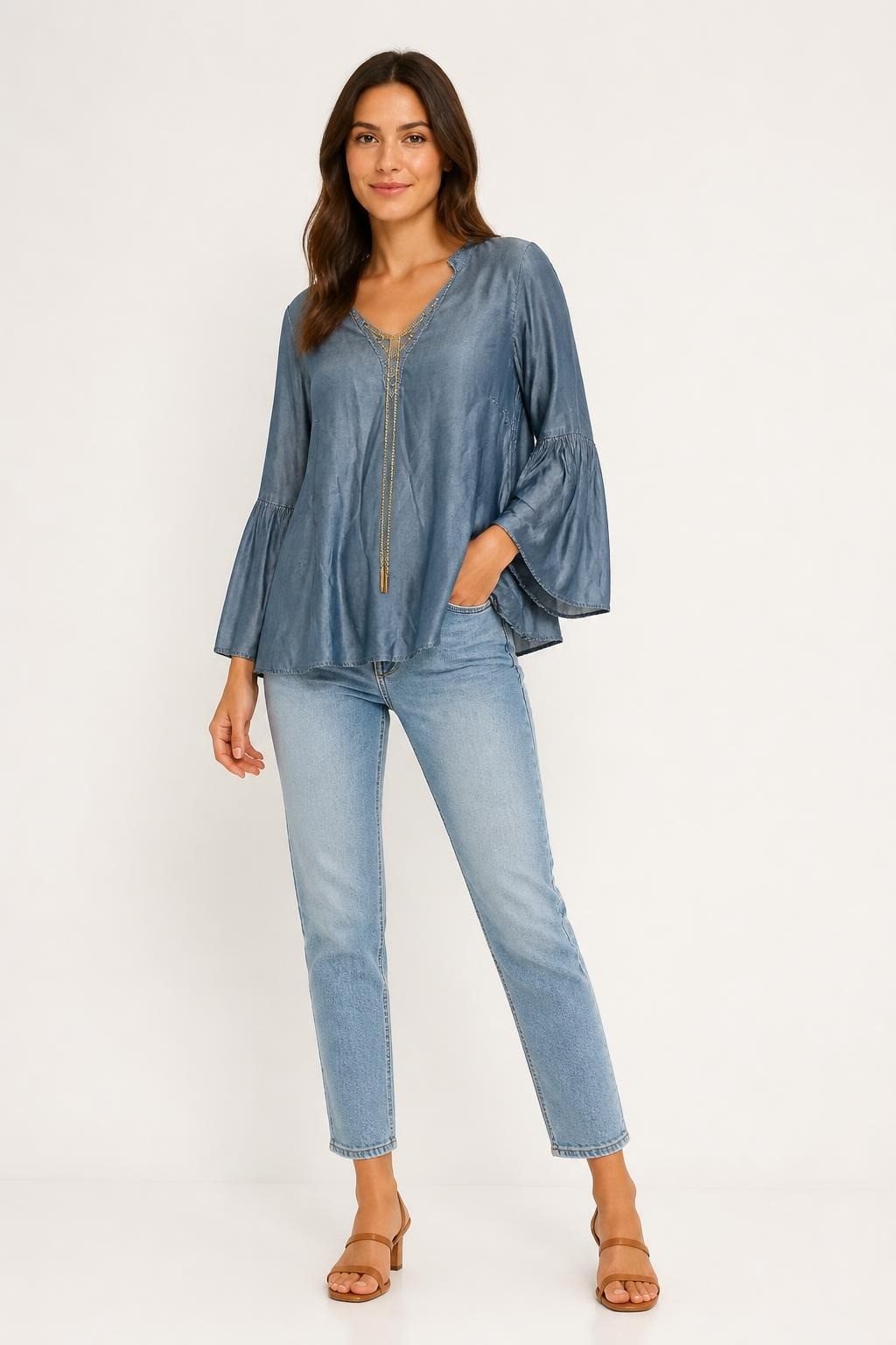 Michael kors Blue chambray boho top with gold chain detail | Pre-Loved | Why Go Less