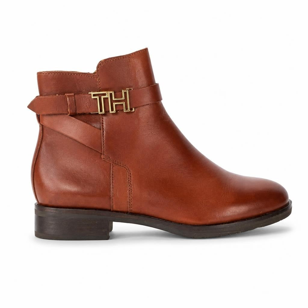 Tommy Hilfiger brown leather ankle boots TH buckle size 38 - white studio shot, second-hand at Why Go Less, Dekwaneh, Lebanon