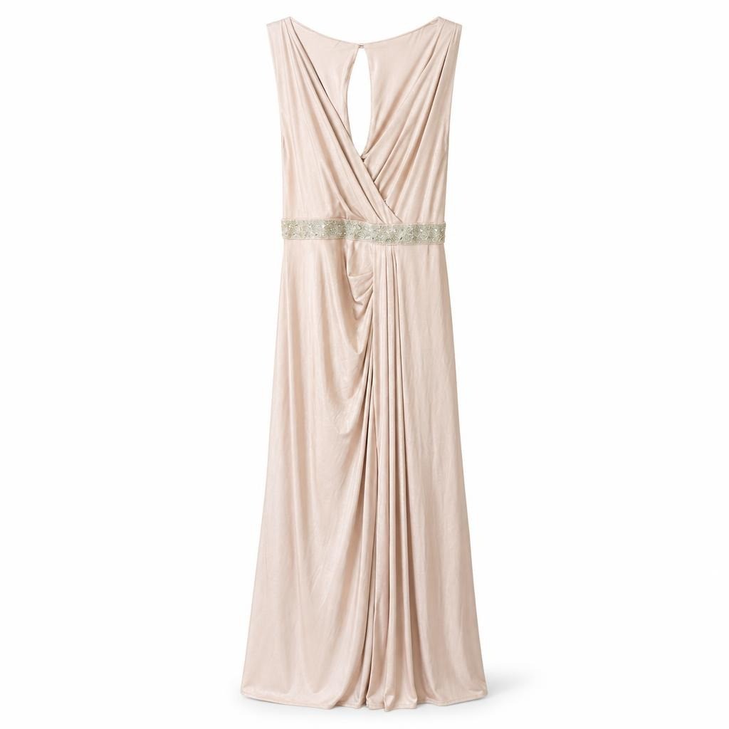 Champagne Beaded Belt Draped Formal Maxi Gown - white studio shot, second-hand at Why Go Less, Dekwaneh, Lebanon