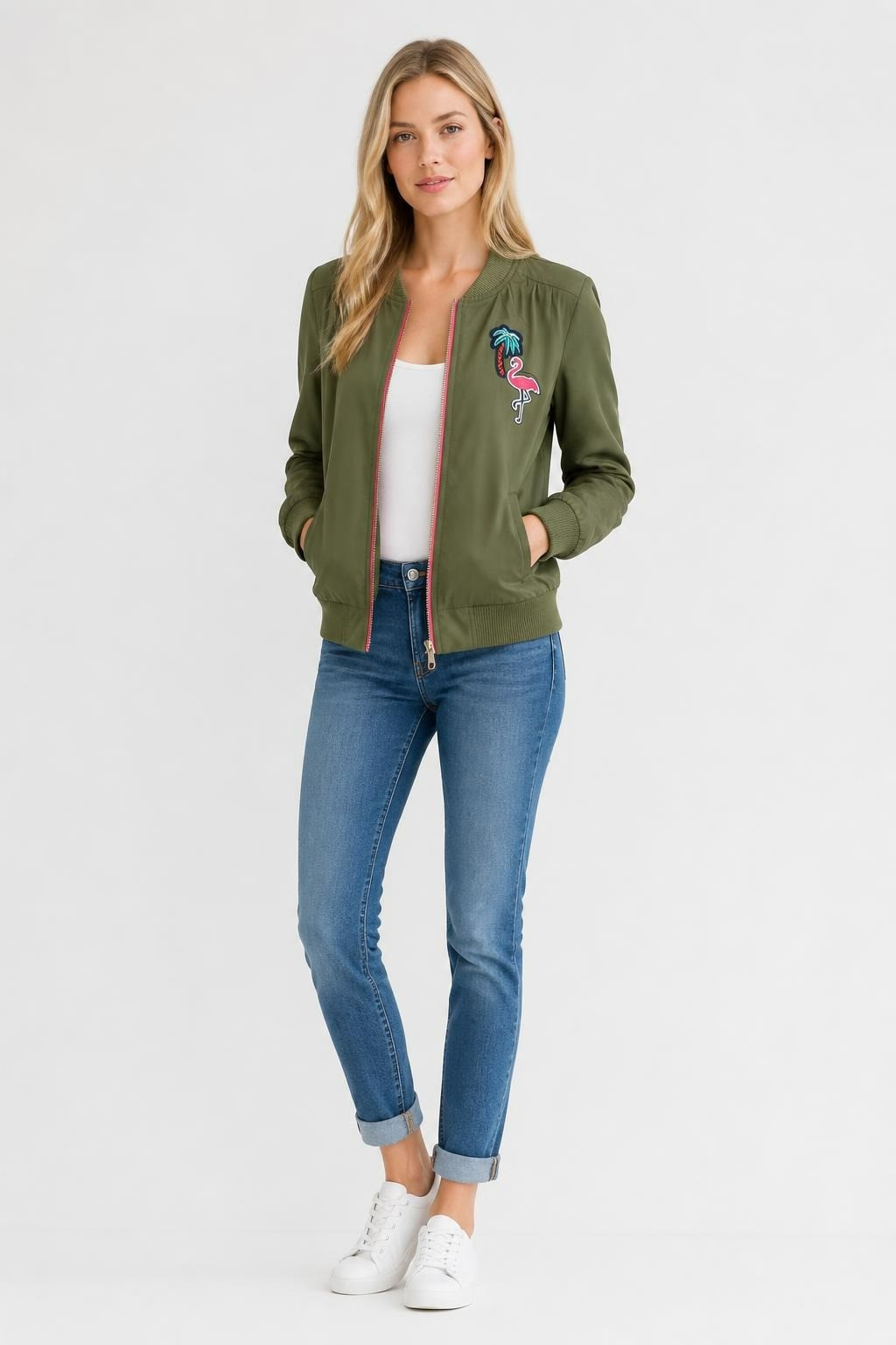 Tommy Hilfiger olive bomber jacket flamingo patch | Pre-Loved | Why Go Less