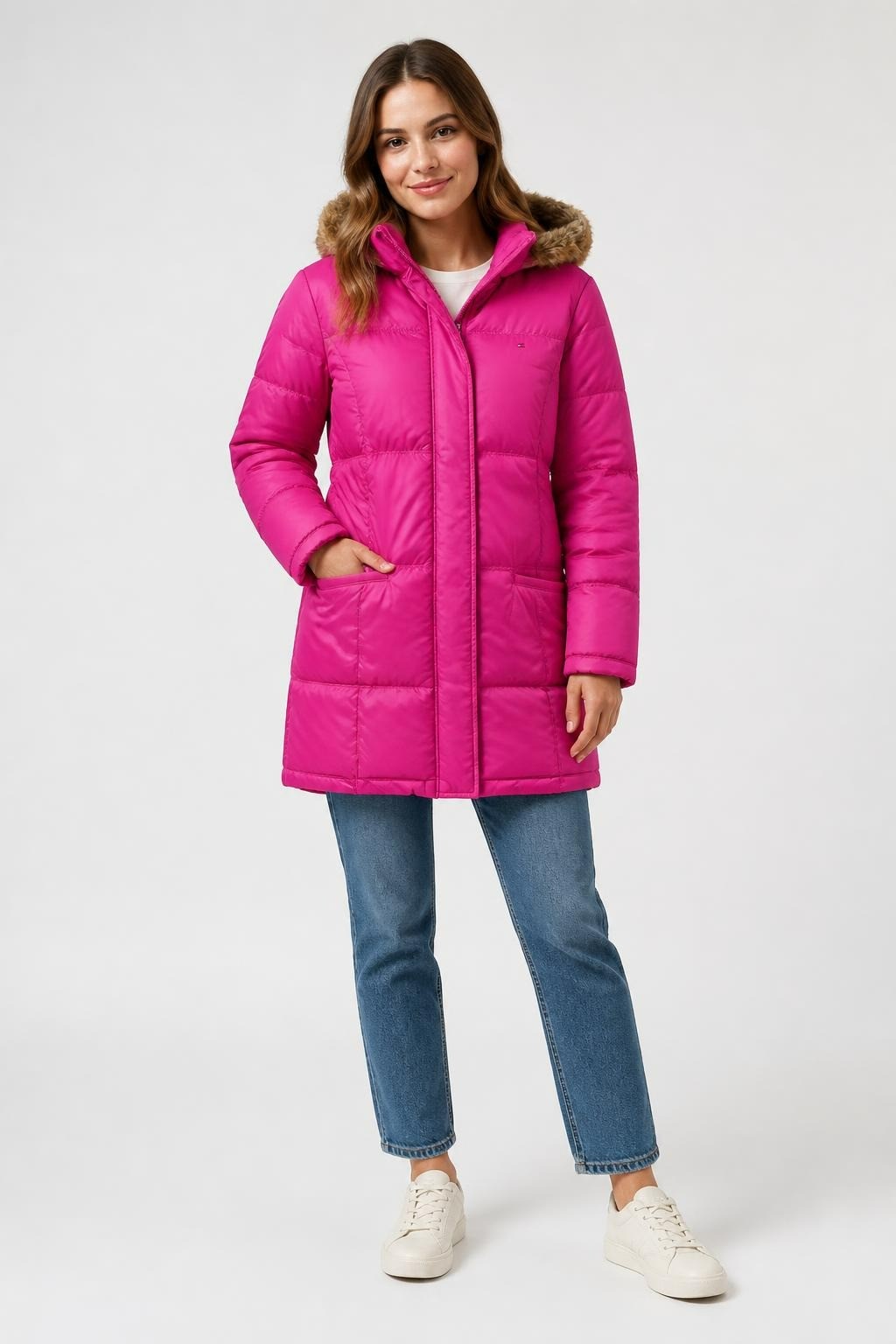Tommy Hilfiger pink puffer jacket faux fur hood | Pre-Loved | Why Go Less