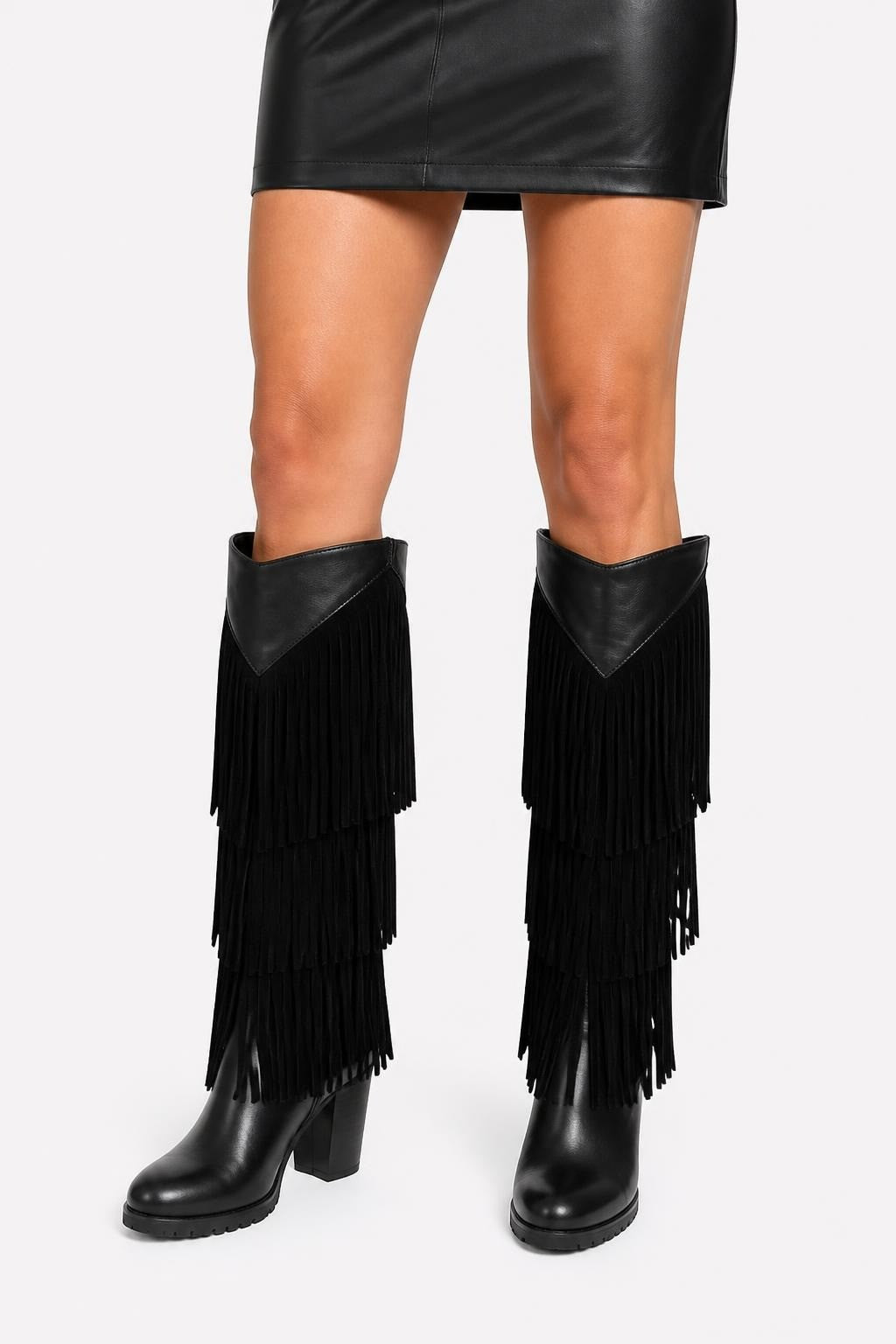 Black suede fringe heeled knee boots | Pre-Loved | Why Go Less-1