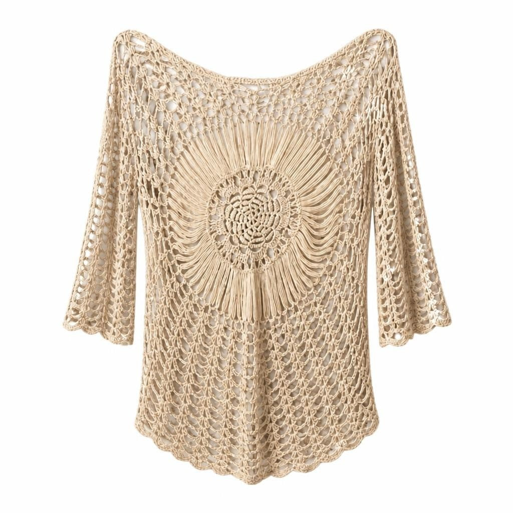 Cream crochet open-knit boho cover-up top - white studio shot, second-hand at Why Go Less, Dekwaneh, Lebanon