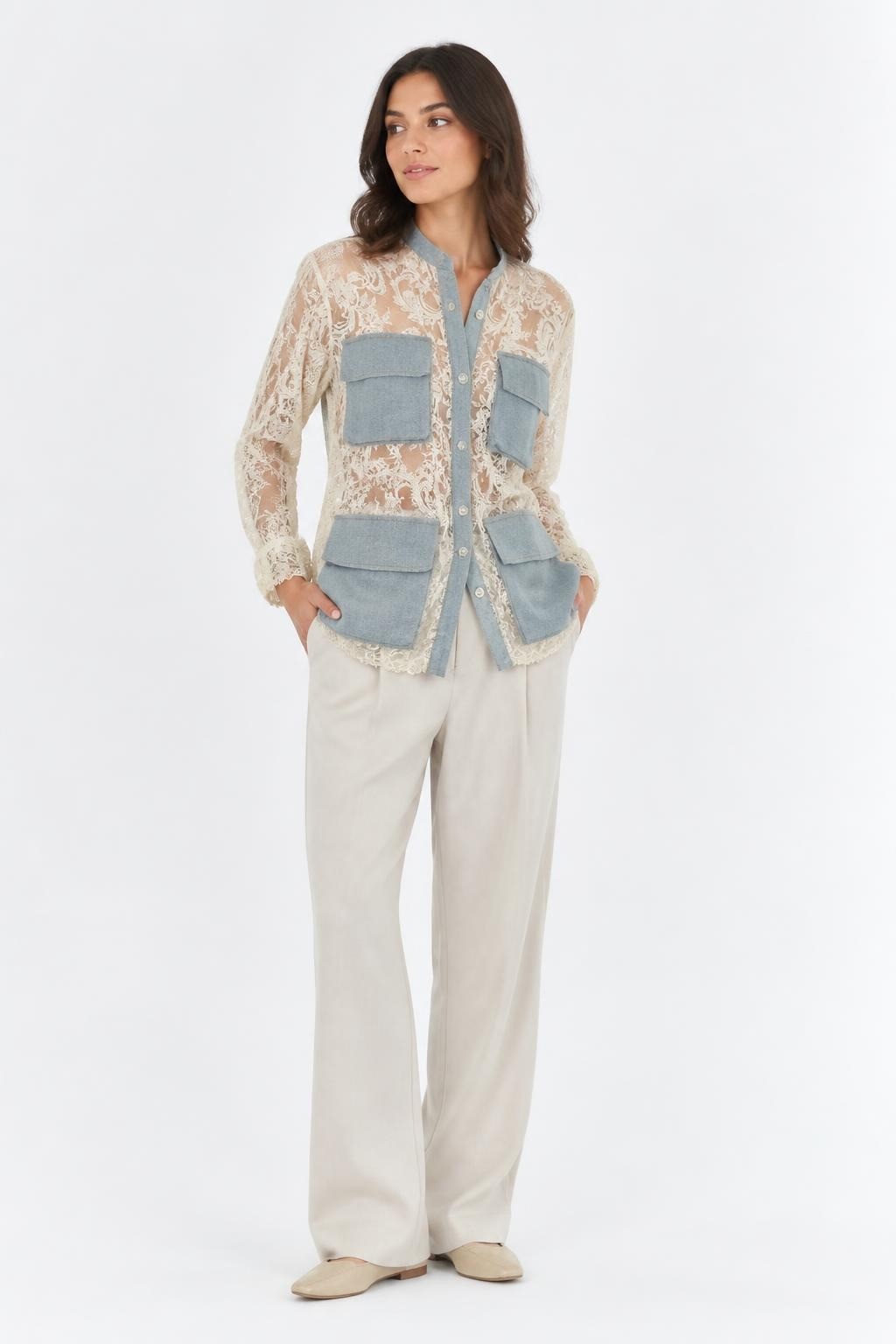 Gray denim and lace patchwork button jacket | Pre-Loved | Why Go Less