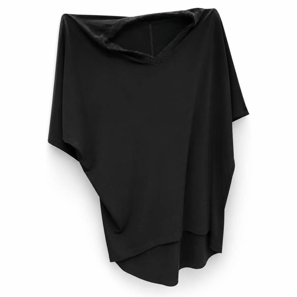 Black oversized jersey abaya/dress, draped - white studio shot, second-hand at Why Go Less, Dekwaneh, Lebanon