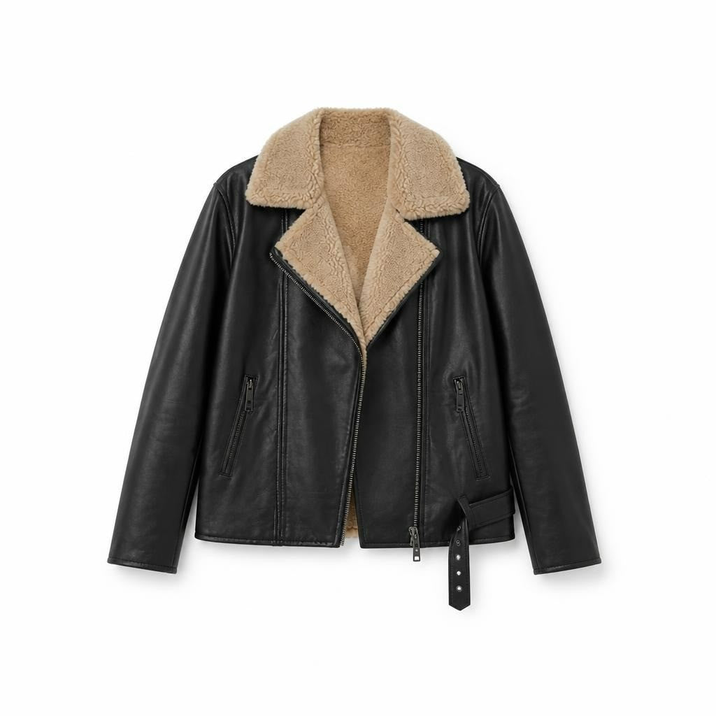 Black leather shearling-collar aviator jacket - white studio shot, second-hand at Why Go Less, Dekwaneh, Lebanon