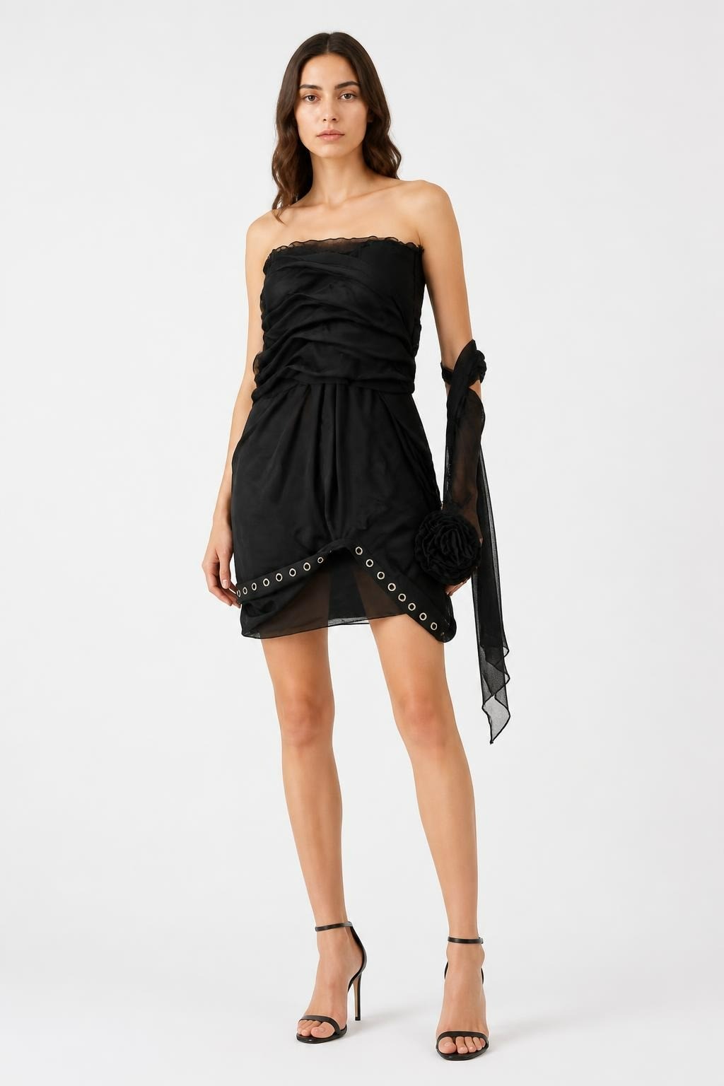 Black Ruched Strapless Mini Dress With Eyelet Belt | Pre-Loved | Why Go Less