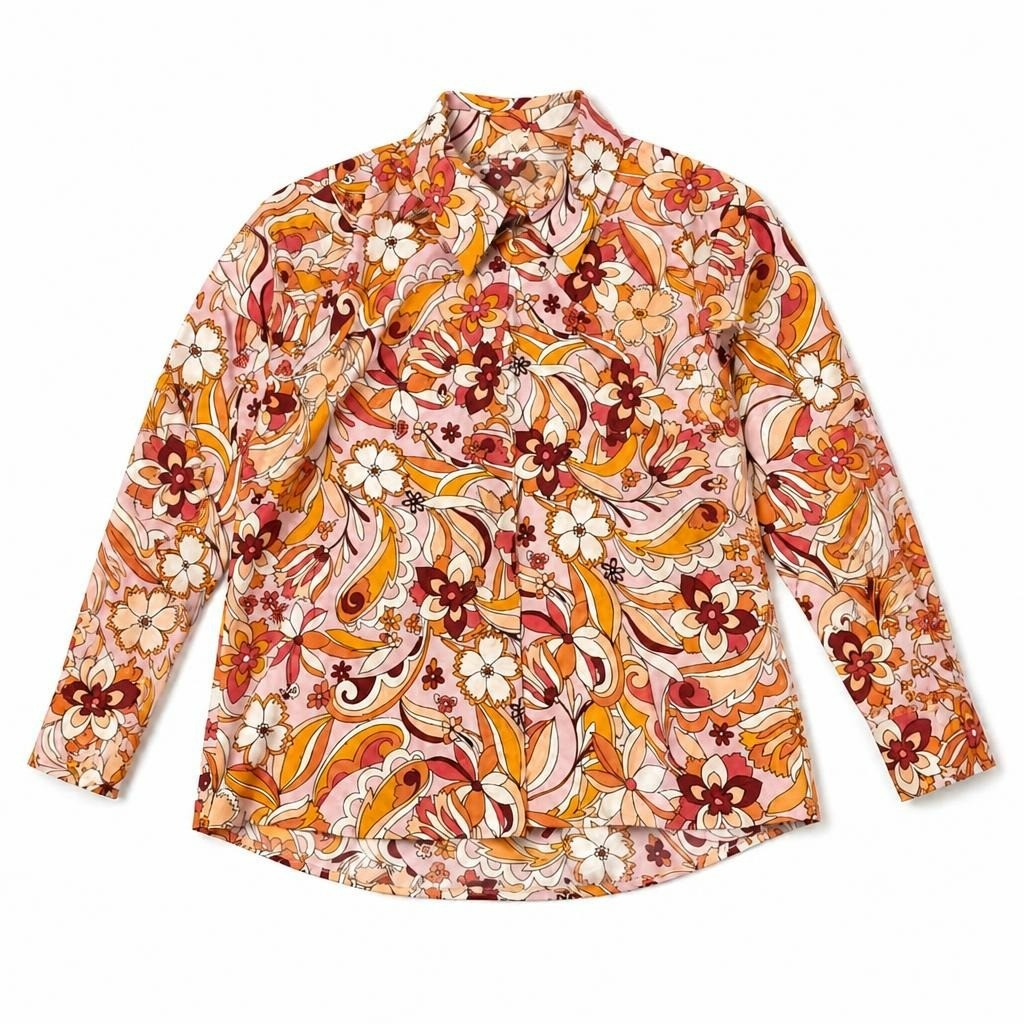Fabric floral retro print long-sleeve shirt, pink/orange - white studio shot, second-hand at Why Go Less, Dekwaneh, Lebanon