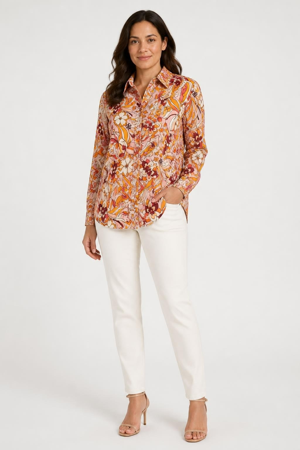 Fabric floral retro print long-sleeve shirt, pink/orange | Pre-Loved | Why Go Less