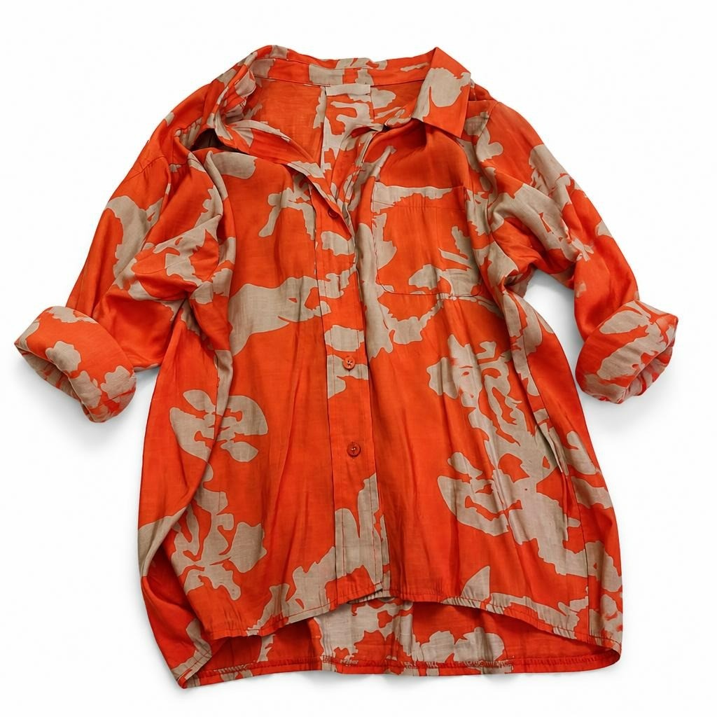Birou orange abstract print loose button shirt - white studio shot, second-hand at Why Go Less, Dekwaneh, Lebanon