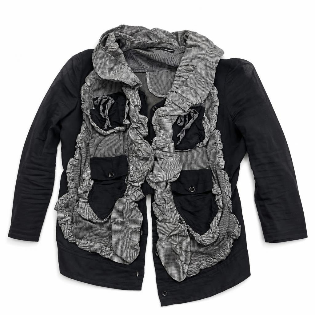 Marithé François Girbaud black ruffle jacket - white studio shot, second-hand at Why Go Less, Dekwaneh, Lebanon