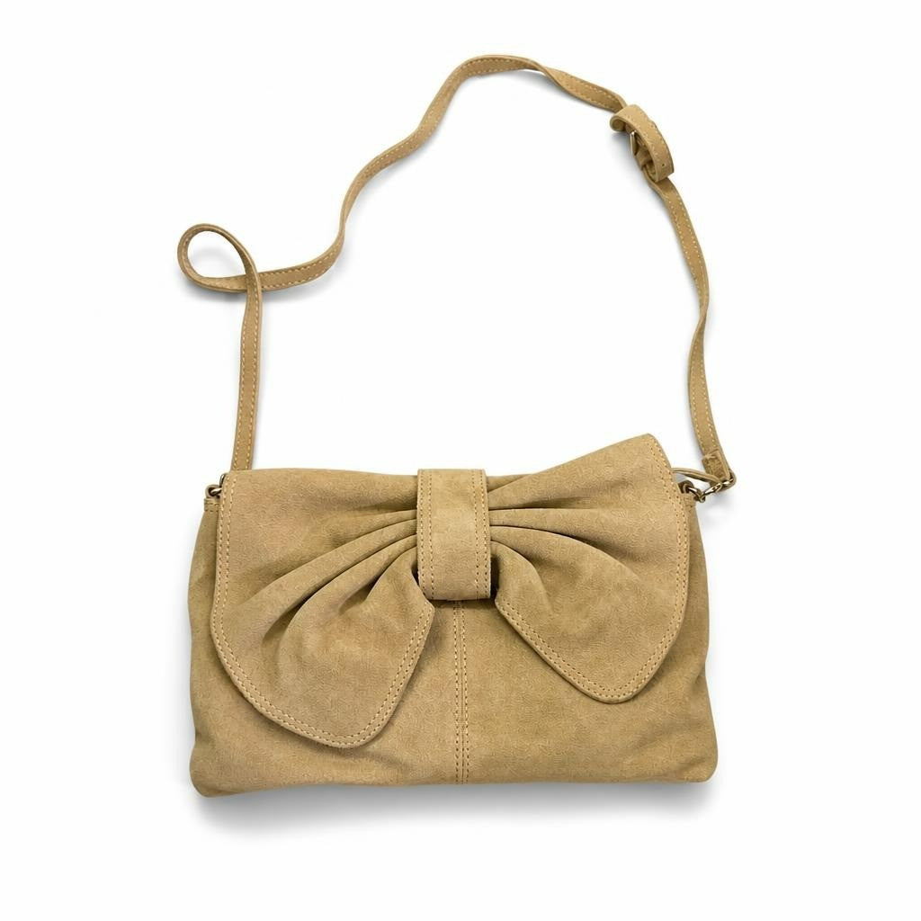 Beige suede crossbody bow clutch bag - white studio shot, second-hand at Why Go Less, Dekwaneh, Lebanon