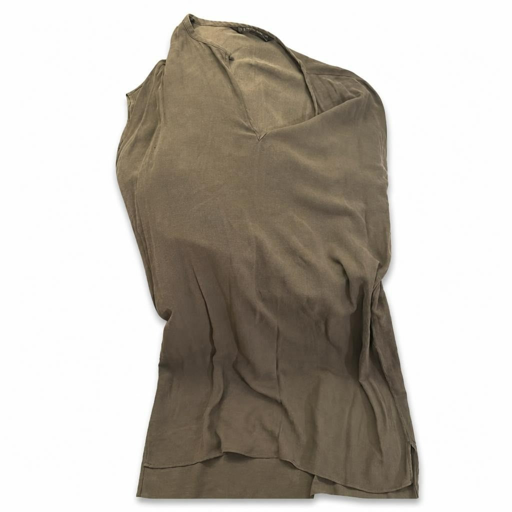 Zara Basic olive green linen top EUR M - white studio shot, second-hand at Why Go Less, Dekwaneh, Lebanon