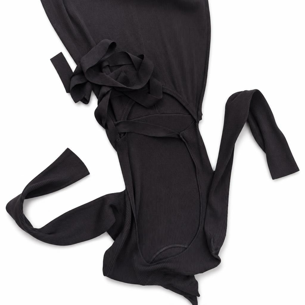 Zara black ribbed wrap tie bodysuit EUR S MEX 25 - white studio shot, second-hand at Why Go Less, Dekwaneh, Lebanon