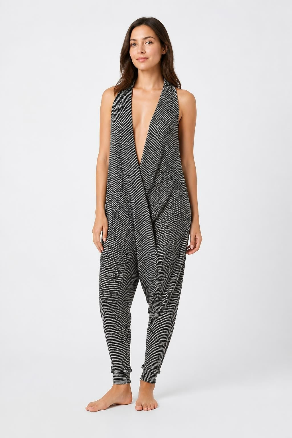 Black White Stripe Draped Halter Jumpsuit | Pre-Loved | Why Go Less-1
