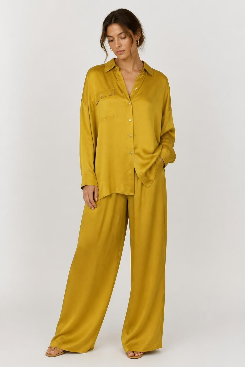 Mustard Yellow Satin Button-Down Shirt, Size S | Pre-Loved | Why Go Less