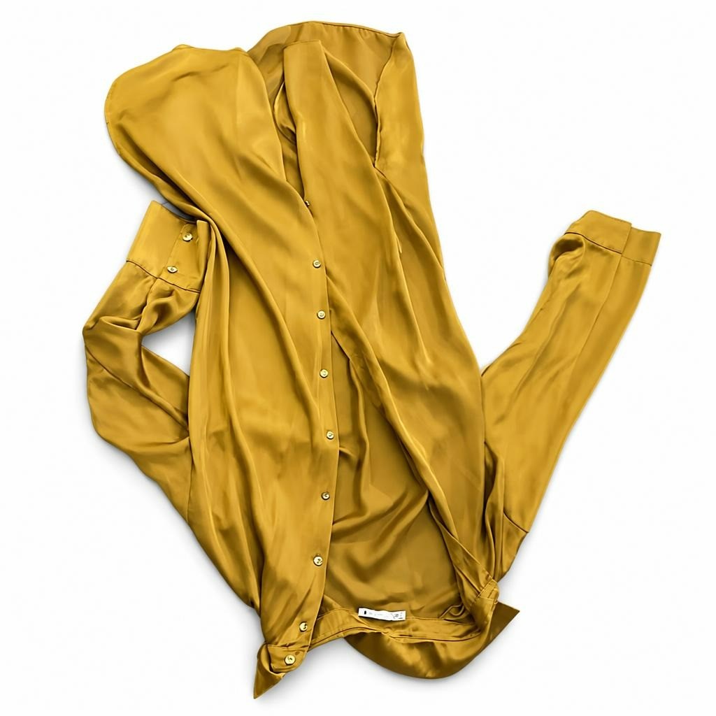 Mustard Yellow Satin Button-Down Shirt, Size S - white studio shot, second-hand at Why Go Less, Dekwaneh, Lebanon