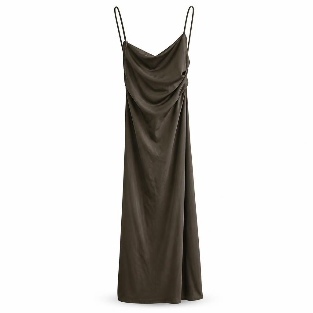 Olive green draped halter maxi dress - white studio shot, second-hand at Why Go Less, Dekwaneh, Lebanon