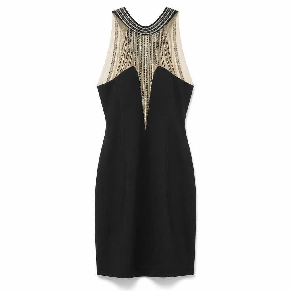 Black halter mini dress with gold fringe neckline - white studio shot, second-hand at Why Go Less, Dekwaneh, Lebanon
