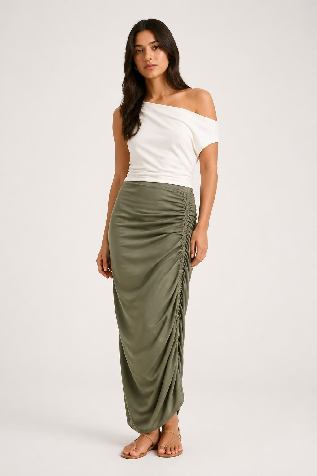 GB Fashion London sage green ruched midi skirt size M | Pre-Loved | Why Go Less