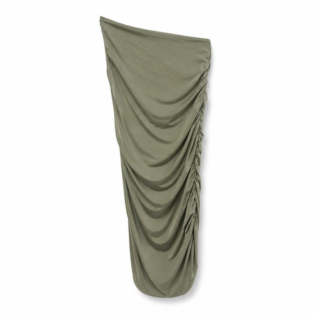 GB Fashion London sage green ruched midi skirt size M - white studio shot, second-hand at Why Go Less, Dekwaneh, Lebanon
