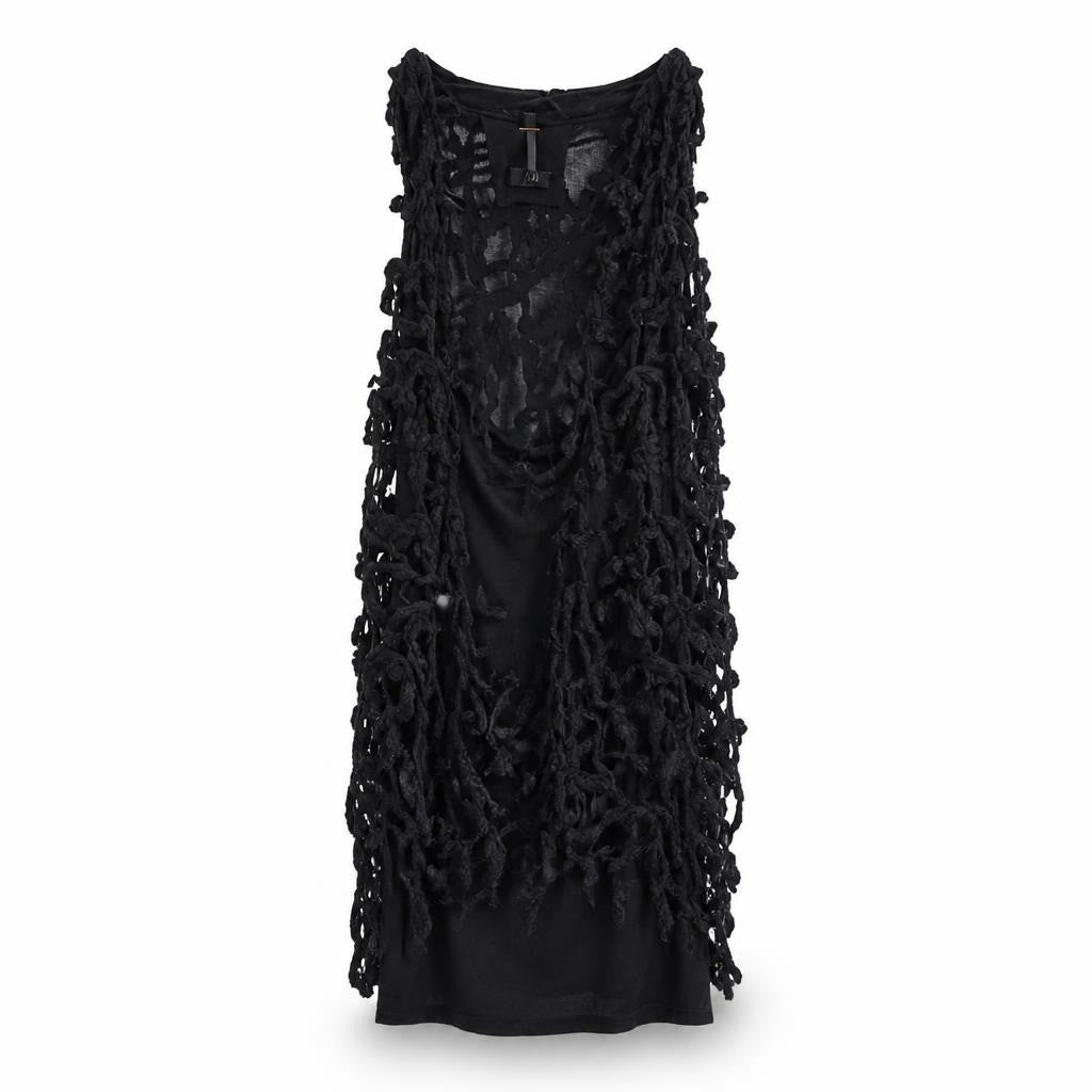 NU black textured fringe/loop knit midi dress - white studio shot, second-hand at Why Go Less, Dekwaneh, Lebanon