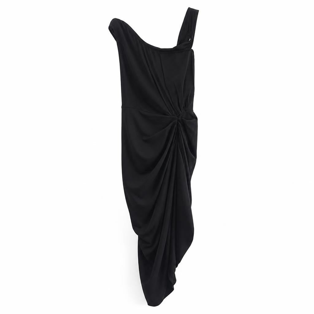 PrettyLittleThing black ruched satin midi dress - white studio shot, second-hand at Why Go Less, Dekwaneh, Lebanon