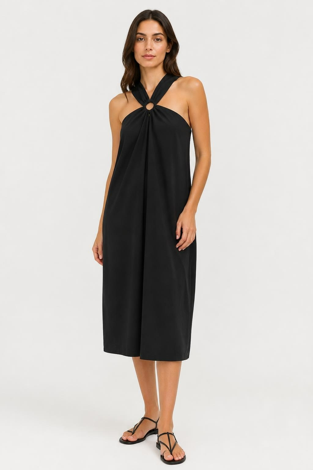 Black halter mini dress with ring detail | Pre-Loved | Why Go Less