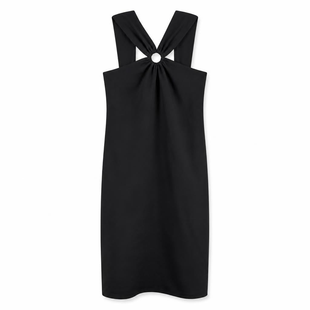 Black halter mini dress with ring detail - white studio shot, second-hand at Why Go Less, Dekwaneh, Lebanon