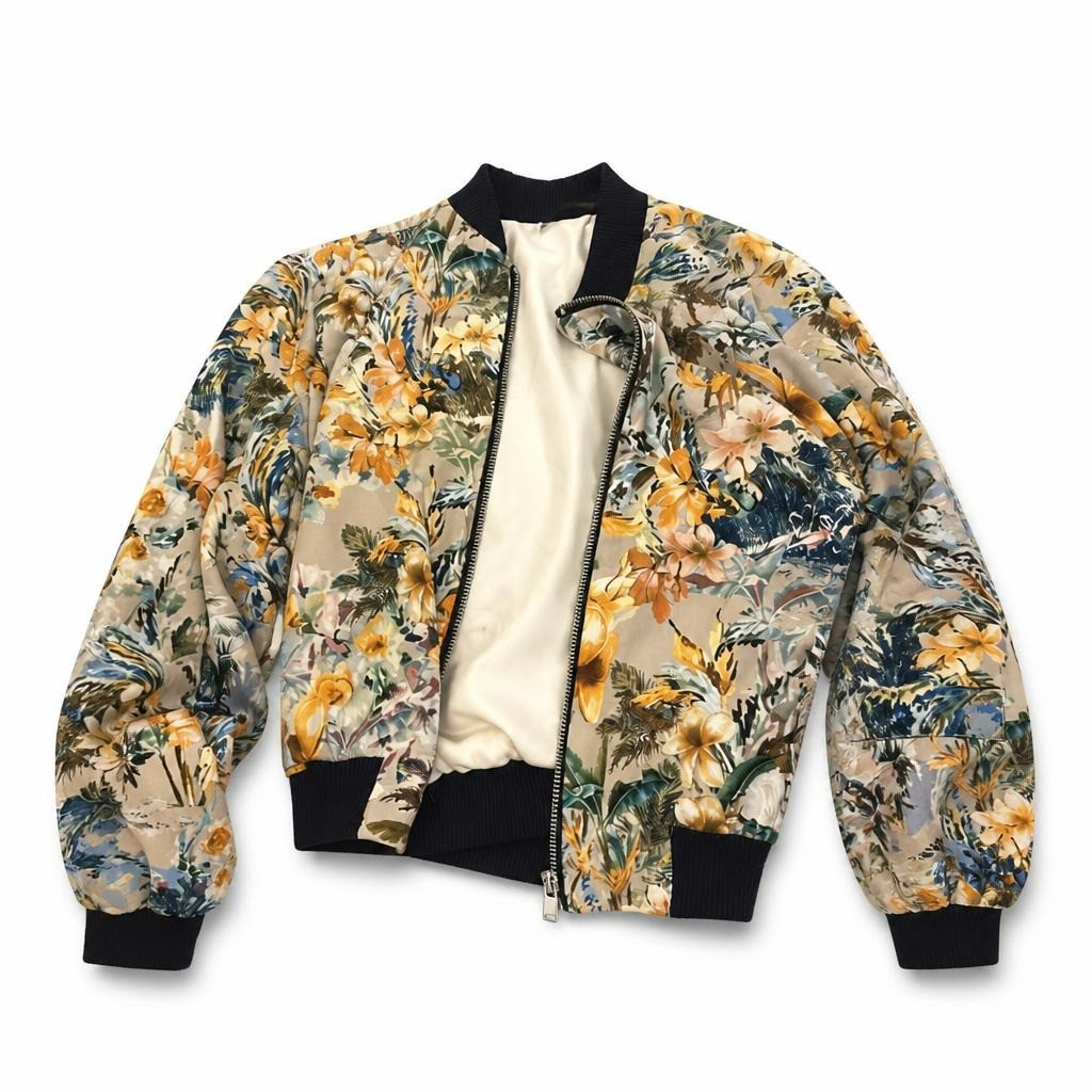 Zara Basic floral bomber jacket, cream/multi - white studio shot, second-hand at Why Go Less, Dekwaneh, Lebanon