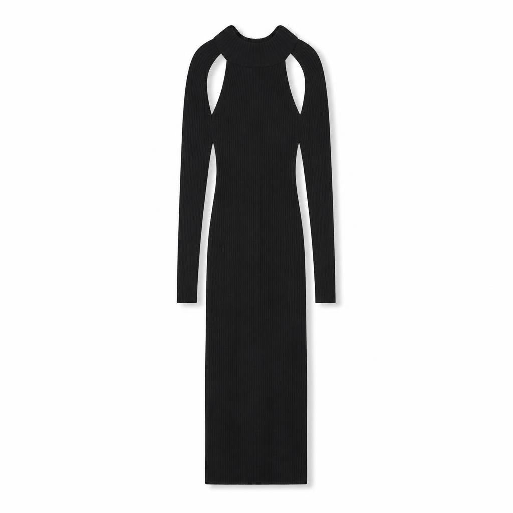 Black ribbed knit turtleneck maxi dress - white studio shot, second-hand at Why Go Less, Dekwaneh, Lebanon