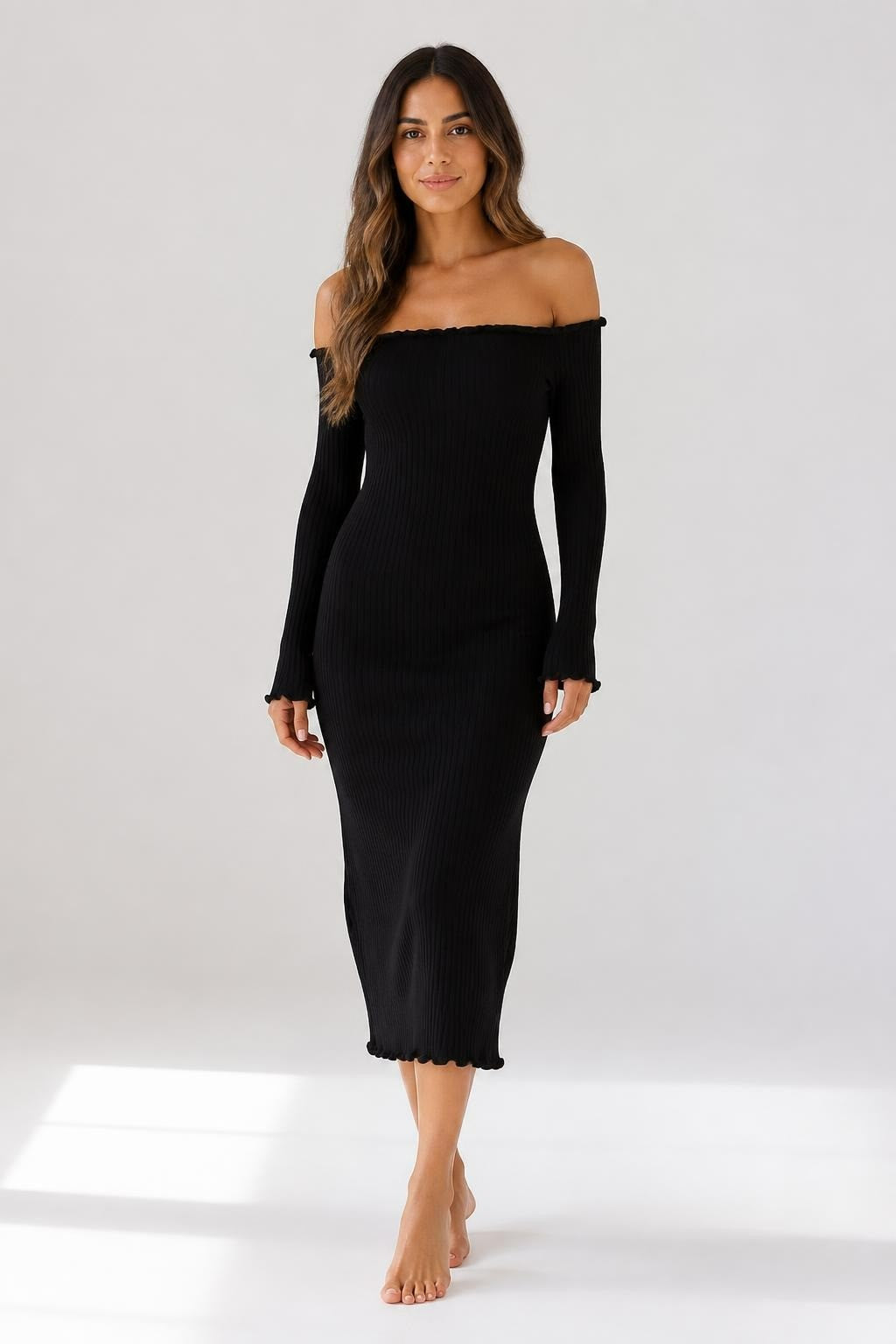 Black Ribbed Knit Off-Shoulder Long-Sleeve Dress | Pre-Loved | Why Go Less
