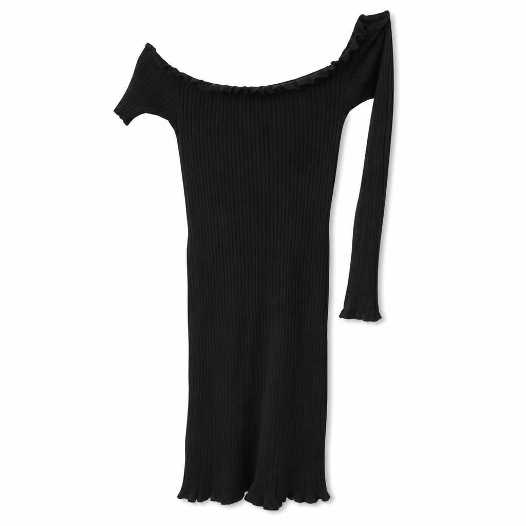 Black Ribbed Knit Off-Shoulder Long-Sleeve Dress - white studio shot, second-hand at Why Go Less, Dekwaneh, Lebanon