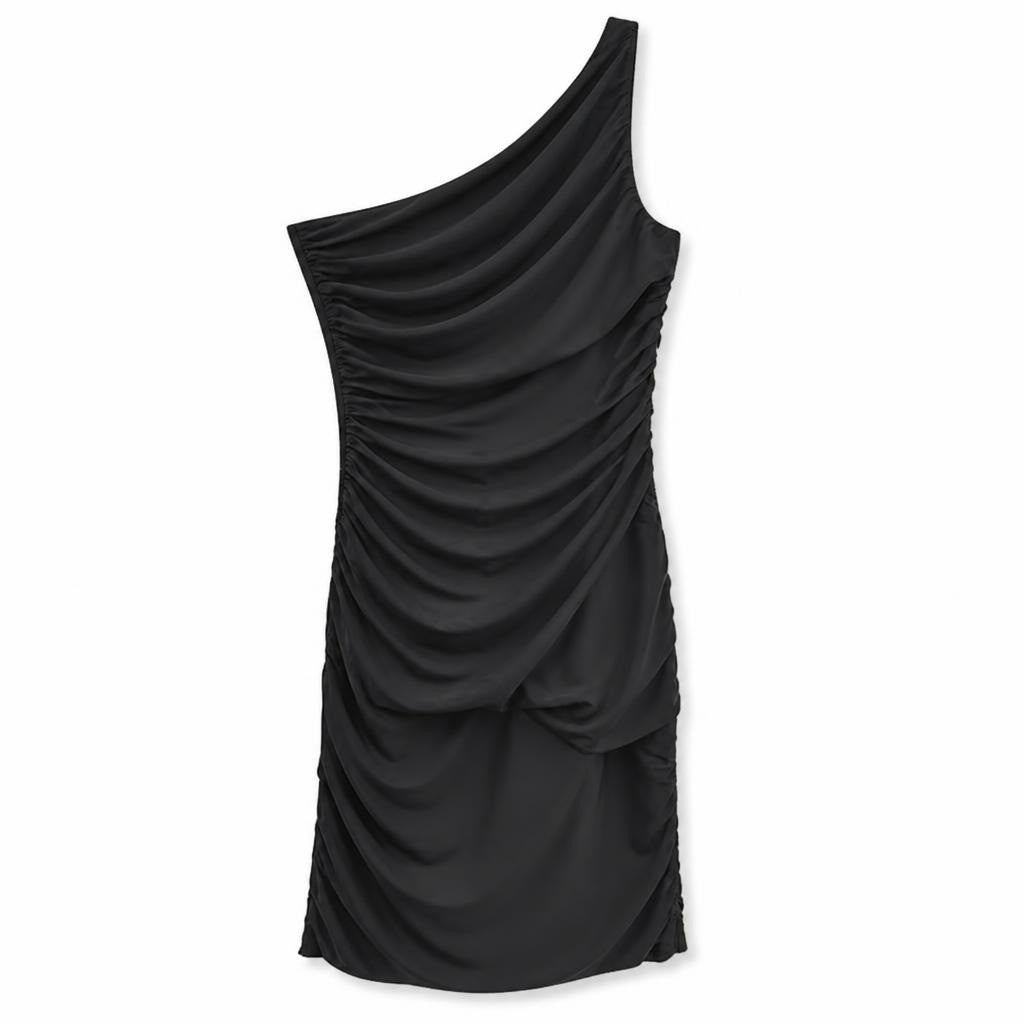 Armani Exchange Black One-Shoulder Ruched Mini Dress - white studio shot, second-hand at Why Go Less, Dekwaneh, Lebanon