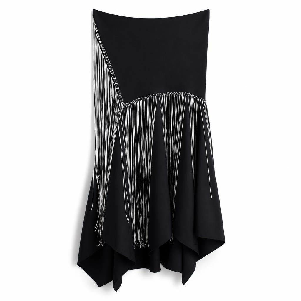 Black asymmetric fringe skirt, size unknown - white studio shot, second-hand at Why Go Less, Dekwaneh, Lebanon