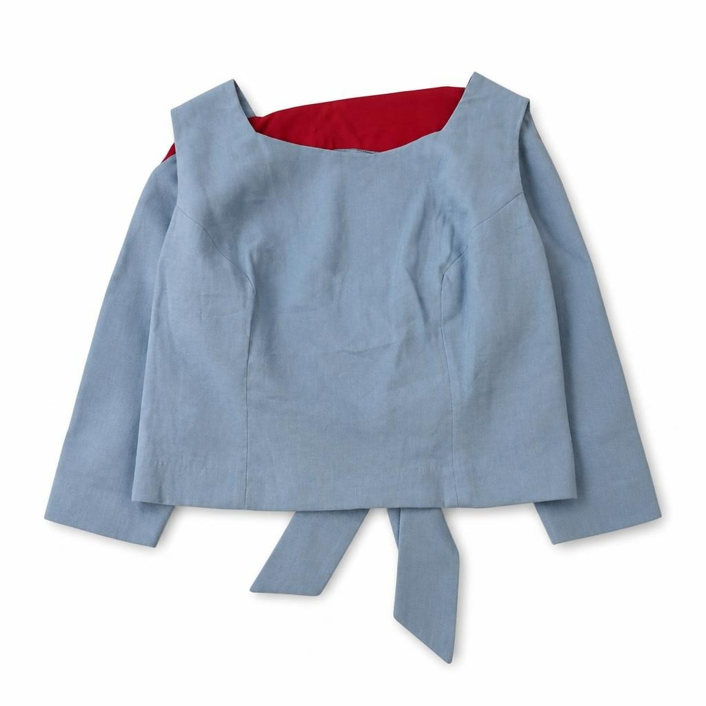 Light blue structured blazer/jacket, belt detail - white studio shot, second-hand at Why Go Less, Dekwaneh, Lebanon