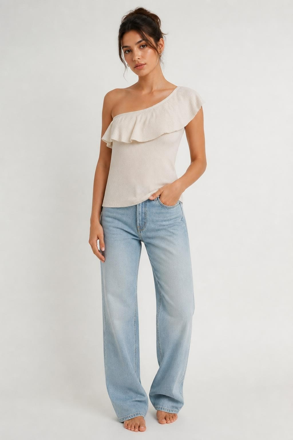 Cream one-shoulder ruffle ribbed crop top | Pre-Loved | Why Go Less