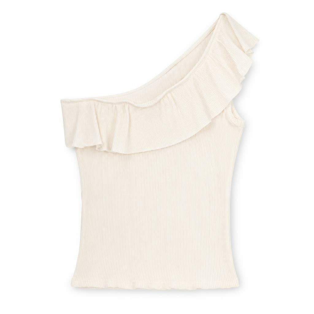 Cream one-shoulder ruffle ribbed crop top - white studio shot, second-hand at Why Go Less, Dekwaneh, Lebanon