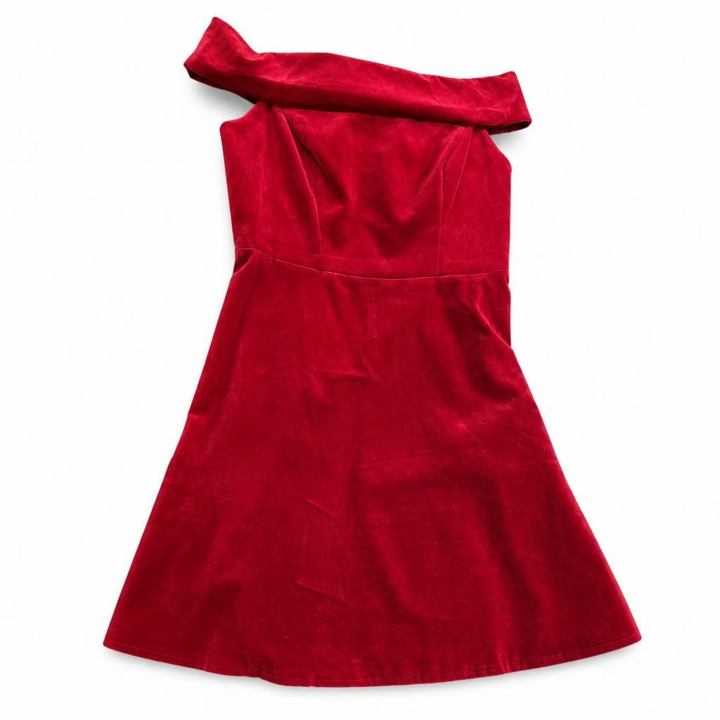 Red off-shoulder mini dress, structured fit - white studio shot, second-hand at Why Go Less, Dekwaneh, Lebanon