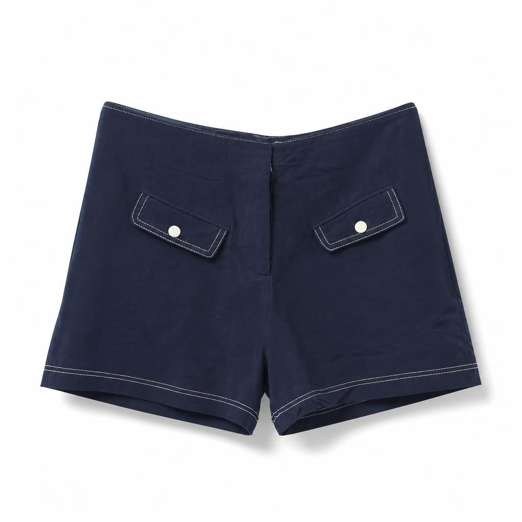 Navy blue shorts with white contrast stitching & pockets - white studio shot, second-hand at Why Go Less, Dekwaneh, Lebanon