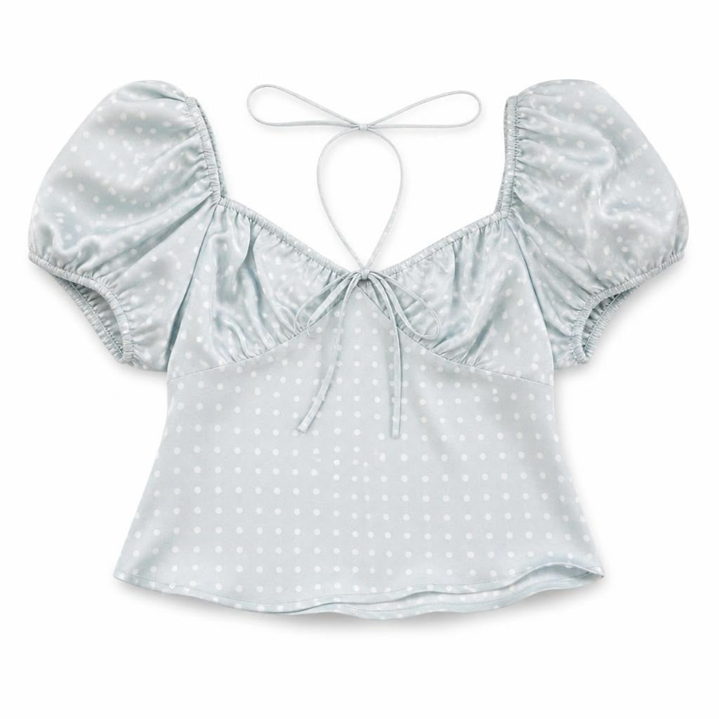Blue Rain light blue polka dot top, size S Light blue - white studio shot, second-hand at Why Go Less, Dekwaneh, Lebanon