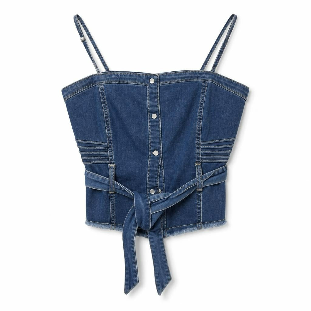 Twin Set Actitude denim corset top, blue - white studio shot, second-hand at Why Go Less, Dekwaneh, Lebanon