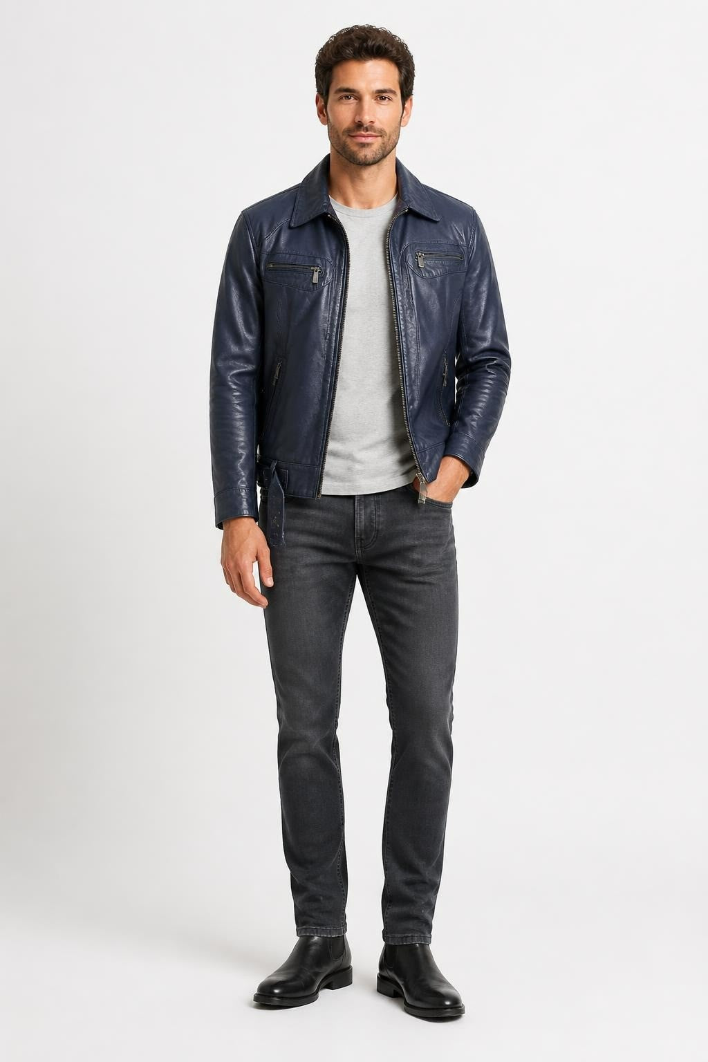 Oakwood leather biker jacket, navy blue | Pre-Loved | Why Go Less