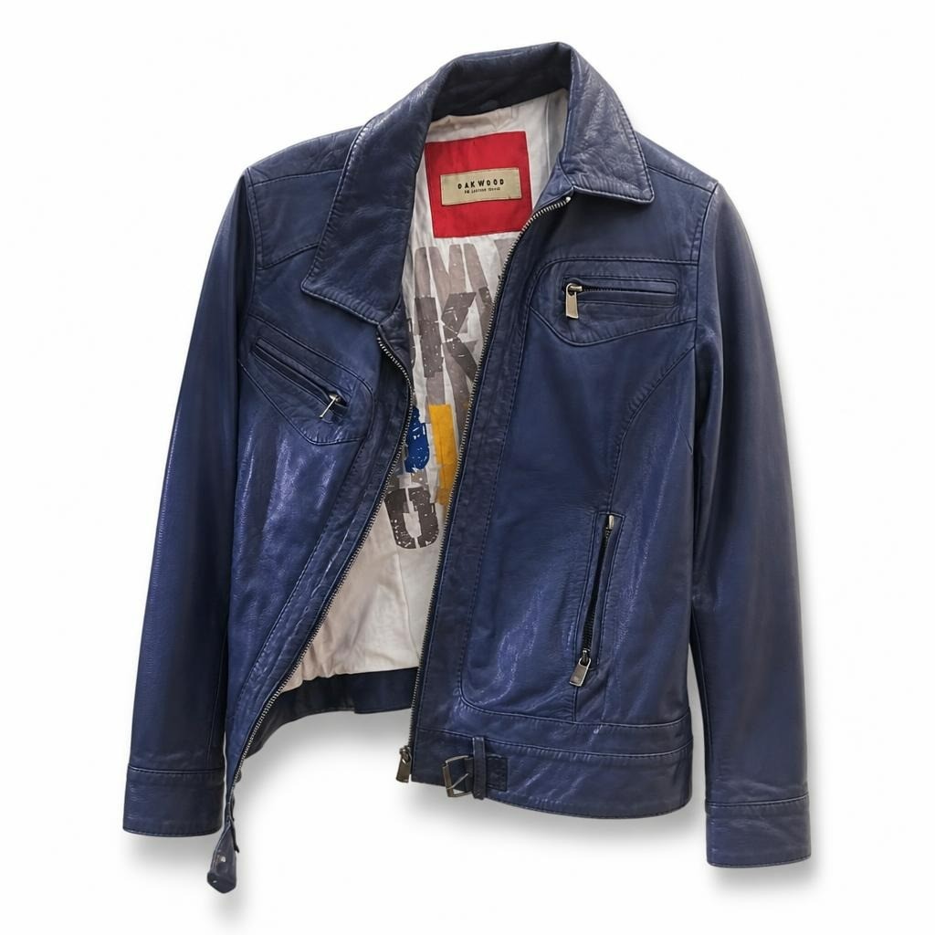Oakwood leather biker jacket, navy blue - white studio shot, second-hand at Why Go Less, Dekwaneh, Lebanon