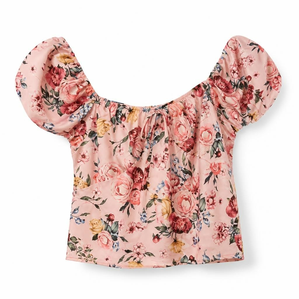 Blue Rain pink floral off-shoulder top, size S - white studio shot, second-hand at Why Go Less, Dekwaneh, Lebanon