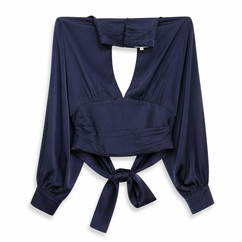Amy Enjoy Life navy blouse/top, size S Navy blue satin - white studio shot, second-hand at Why Go Less, Dekwaneh, Lebanon