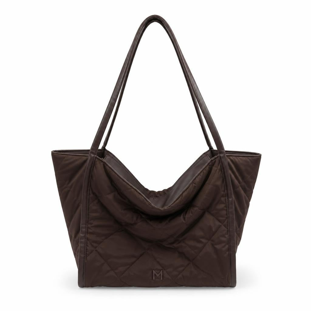 Marella dark brown quilted shoulder tote bag - white studio shot, second-hand at Why Go Less, Dekwaneh, Lebanon