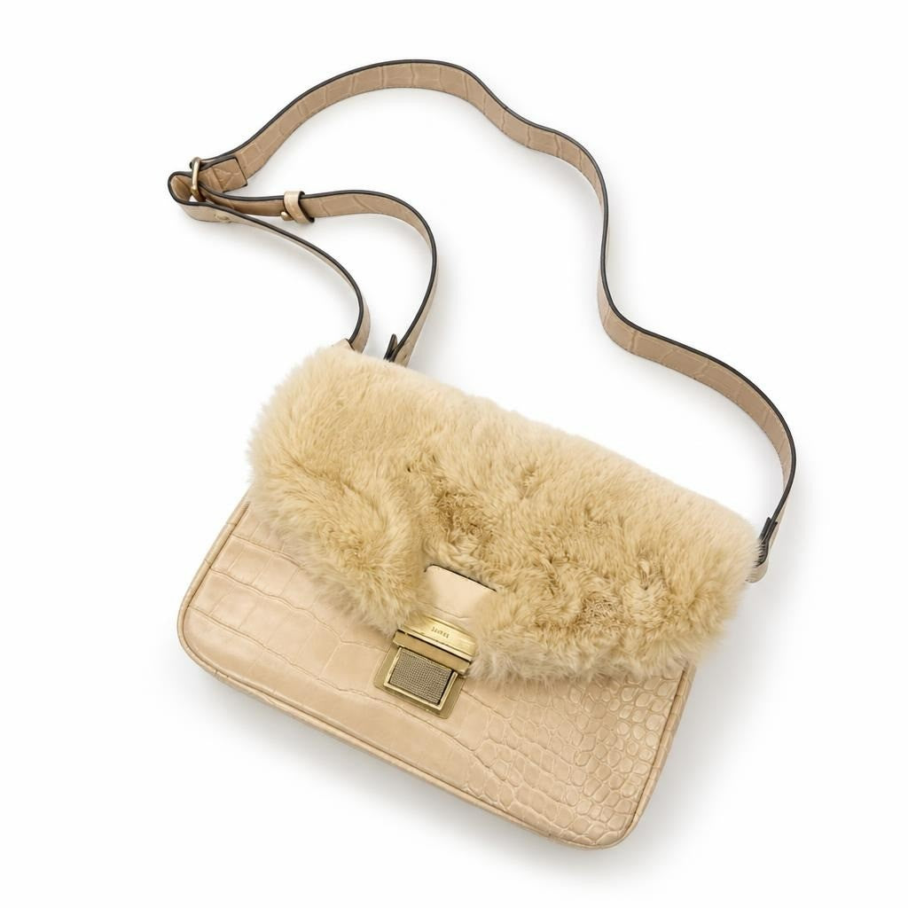 Parfois cream croc fur-flap crossbody bag - white studio shot, second-hand at Why Go Less, Dekwaneh, Lebanon
