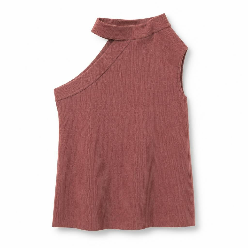 Ribbed knit mauve/dusty rose sleeveless top - white studio shot, second-hand at Why Go Less, Dekwaneh, Lebanon